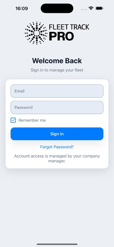 Fleet Track PRO login screen — Welcome Back, sign in to manage your fleet